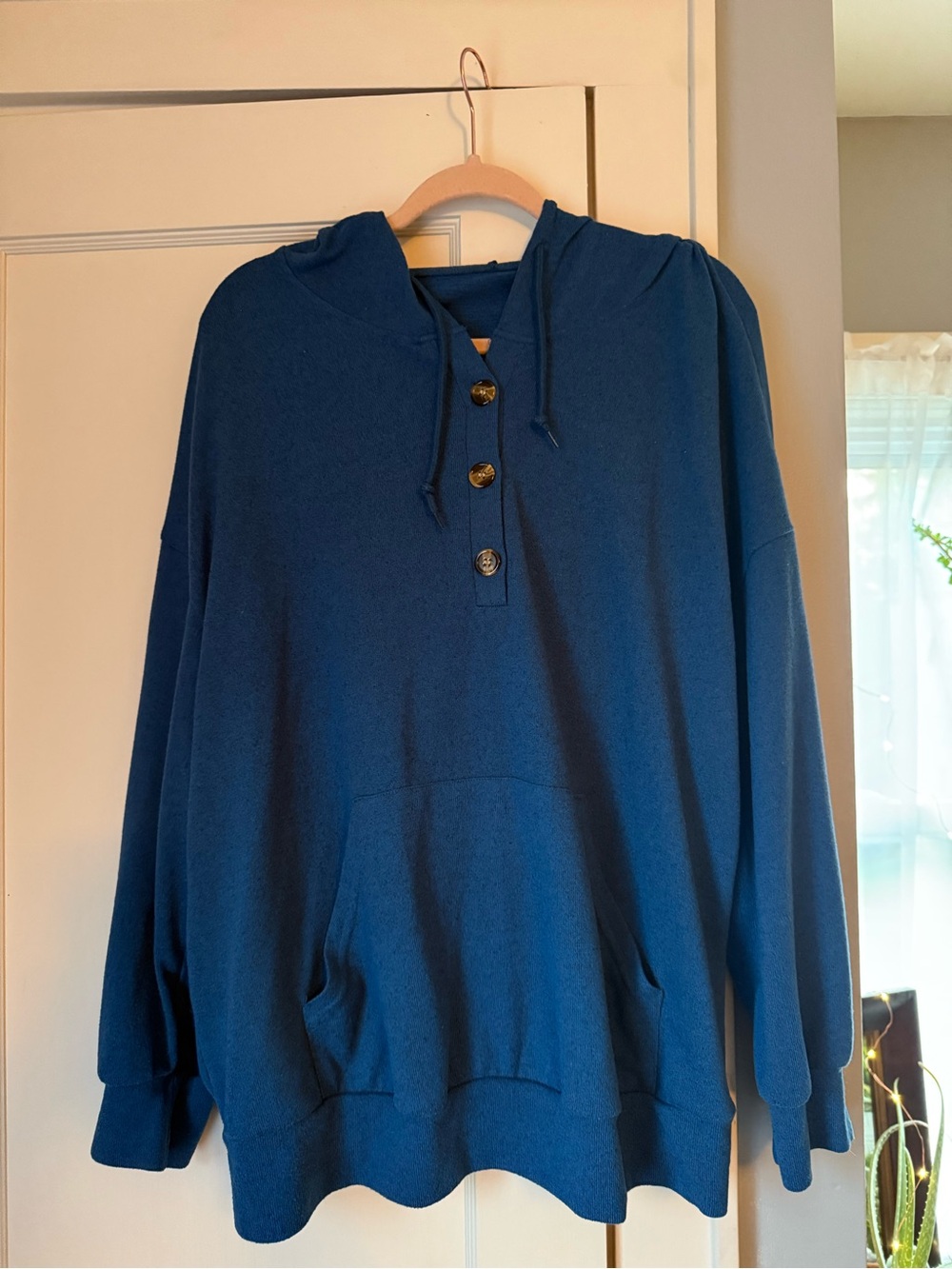Cozy Hooded Button Pullover Sweater - Blue
